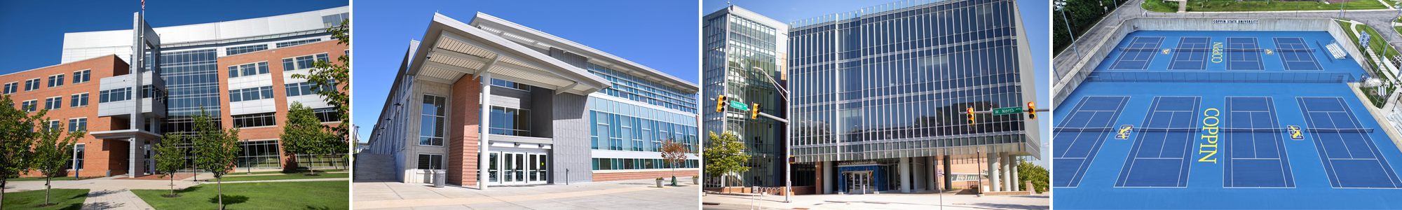 Images of the four buildings being named: Health and Human Services Building, Physical Education Complex, Science and Technology Center, and the Tennis Complex