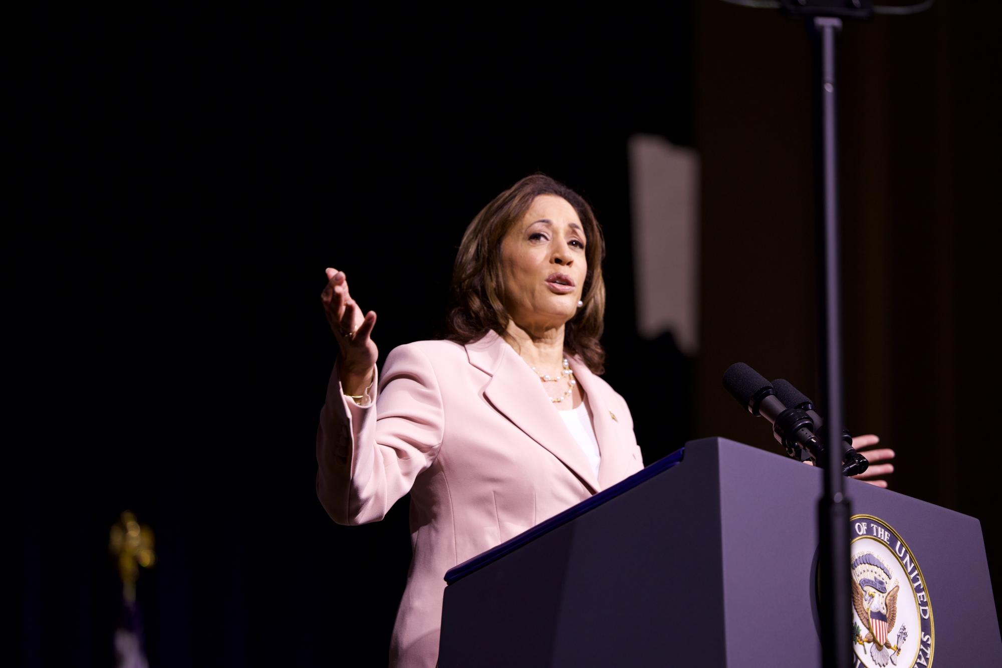 Vice President Kamala Harris stands at podium in pink suit