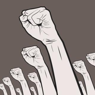 illustration of clenched fists held high in protest.